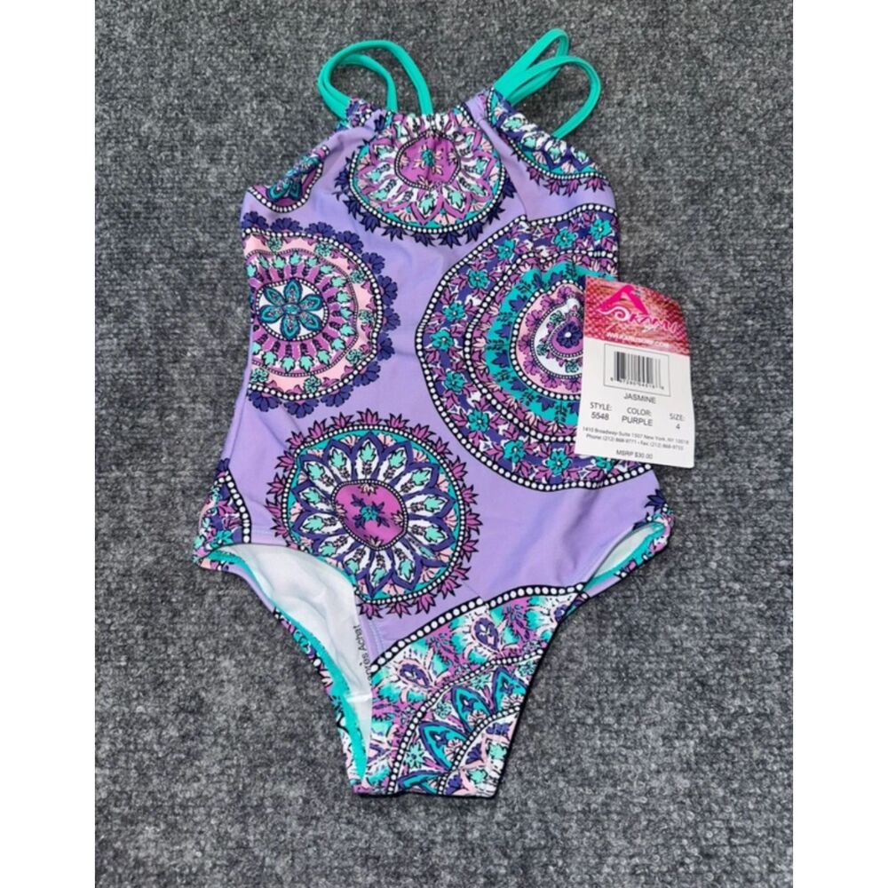 Kanu Surf Girls Size 4 One Piece Swimsuit Purple Teal Swimwear